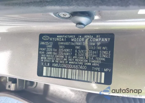 2013 Hyundai Tucson Gls z USA, uszkodzony, nr VIN KM8JU3AC0DU687400